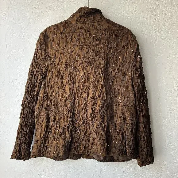 Bronze Textured Crinkle Jacket Petite Large Fall Chic Metallic Sequin Statement - Picture 2 of 13
